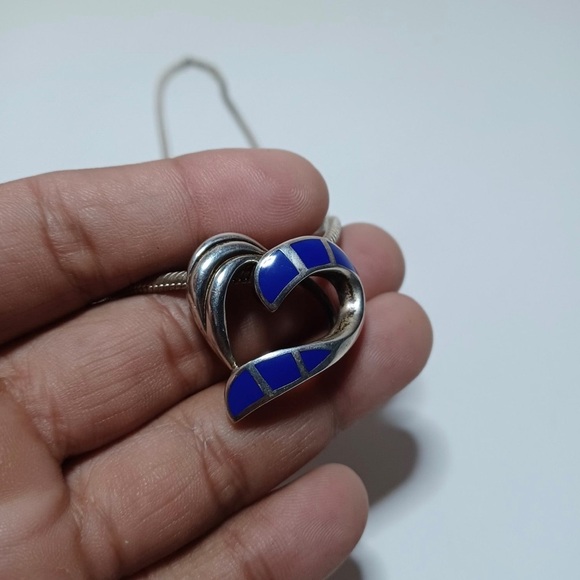 Sterling Silver 925 Lapis Lazuli Inlaid Heart Pendant On 20 In. Snake Link chain - Picture 3 of 8